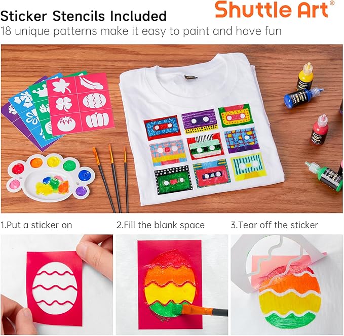 Shuttle Art Fabric Paint, 24 Colors 3D Permanent Paint with Brushes Palette Pen Fabric Sheet Stencils, Glow in The Dark, Glitter, Metallic Colors for Textile Fabric T-shirt Jeans Glass
