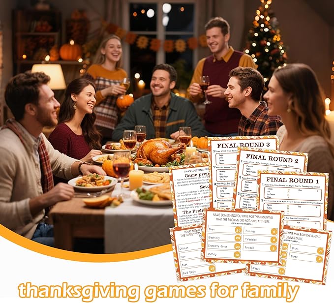 Thanksgiving Family Feud Game, Thanksgiving Party Games for Adults, Friendly Feud Quiz for Family Game Night Funny Trivia for Office Groups, 12 Question Game Cards and 3 Final Round Cards, 01