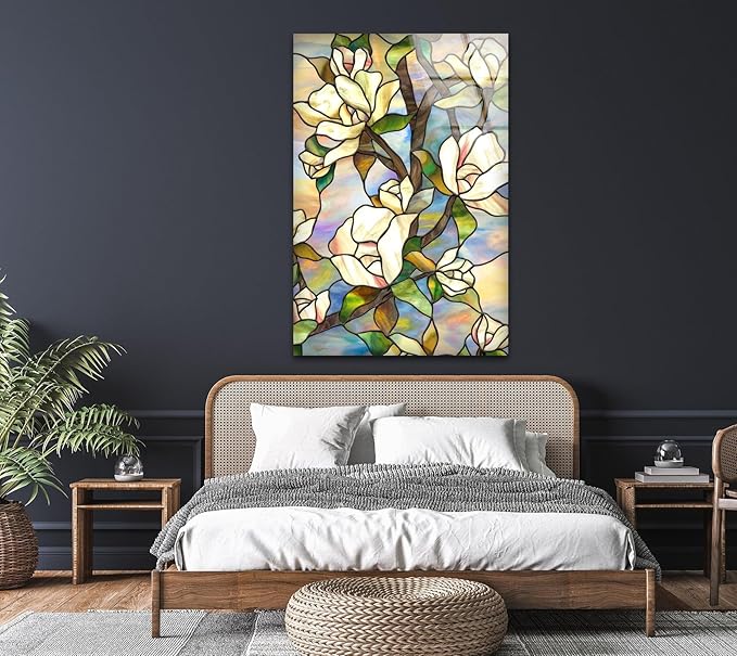 My Photostation.com 30Wx35.5H'' Stained Magnolia Glass Wall Art Tempered Glass Printing Wall Decor Large Wall Art Wall Hangings