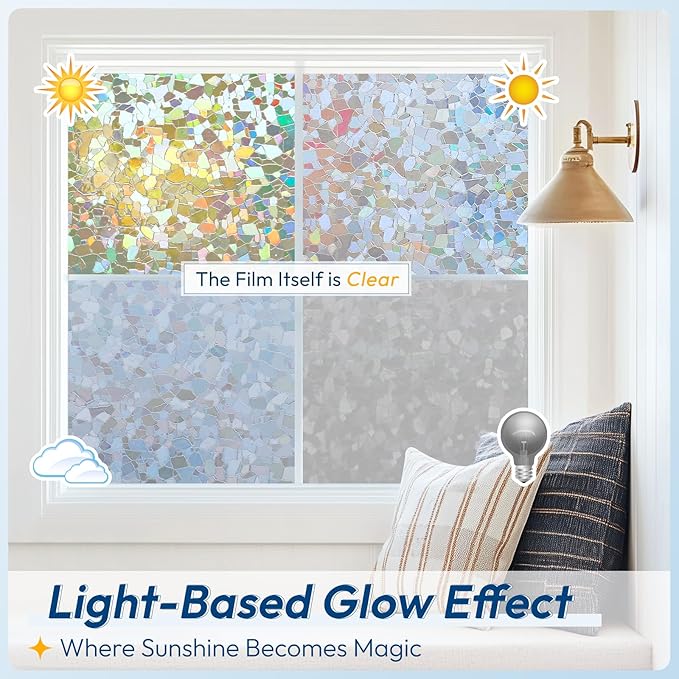 rabbitgoo Rainbow Window Privacy Film Decorative Stained Glass Diamond Pattern Window Sticker with Iridescent Tint Non-Adhesive Static Cling for Home Office Crystal Pattern, 23.6 x 157.4 inch