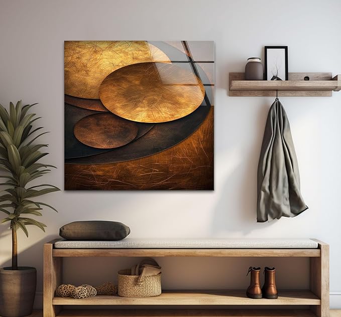 My Photostation.com Round 31,5'' Bronze Art Deco Geometric Motifs Glass Wall Art Tempered Glass Printing Wall Decor Large Wall Art Wall Hangings