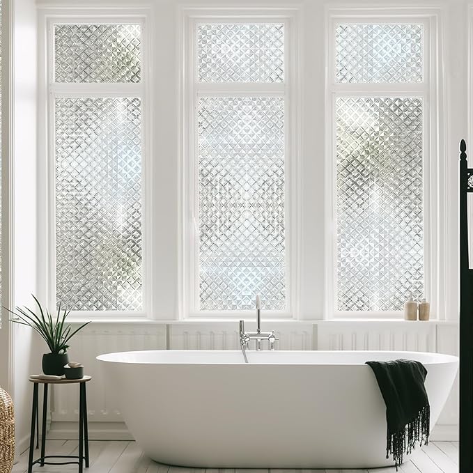 Qualsen Window Privacy Film, Stained Glass Window Film Heat Control UV, Frosted Rainbow Bathroom Decorative Film 3D Static Clings, Peel and Stick Window Tint for Home,11.8x78.7inch