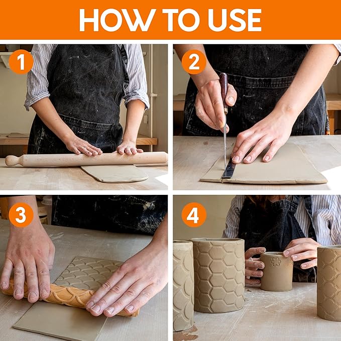 Byllstore Extra Large Clay Texture Rollers with Pottery Stamps | 3 Texture Rollers | 6 Clay Stamps | 3-Pack (9" x 1.2", 3 Pack)