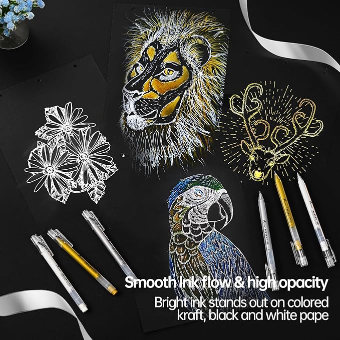 0.6mm Fine Point Gold Gel Pens, 3-Pack for Artists Drawing on Black Paper, Sketching, Adult Coloring Books & Holiday Crafts