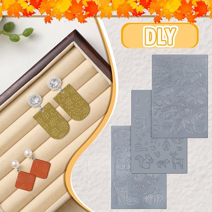 12 Pcs Fall Polymer Clay Texture Sheets Set, Maple Leaves, Pumpkin Miniature Clay Molds Pine Cone Pattern Silicone Polymer Clay Molds for Fall Autumn Thanksgiving Jewelry Earrings Making