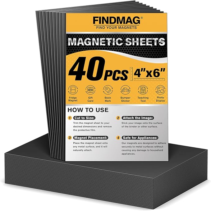 FINDMAG Magnetic Adhesive Sheets, 40PCS Magnetic Tape, Flexible Magnet with Adhesive Backing, Magnet Sheet Stickers for Crafts, Board, Photos, 4" x 6"