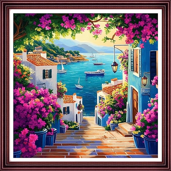 Redxing Stamped Cross Stitch Kits Full Range of Embroidery Starter Kits- Needlepoint Counted Cross Stitch Kits for Beginner Adults 11CT Printed Embroidery Kit-Seaside Floral Scenery 18x18 inch