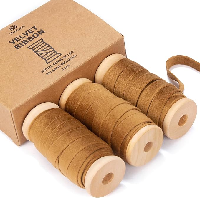 Vitalizart Khaki Velvet Ribbon Set 3/8" x 15 Yd Fall Ribbon Fabric Trim 3 Rolls * 5 Yd for Christmas Wreath Decoration Handmade Craft Ornaments Gift Wrapping & Bow Making (Brown)