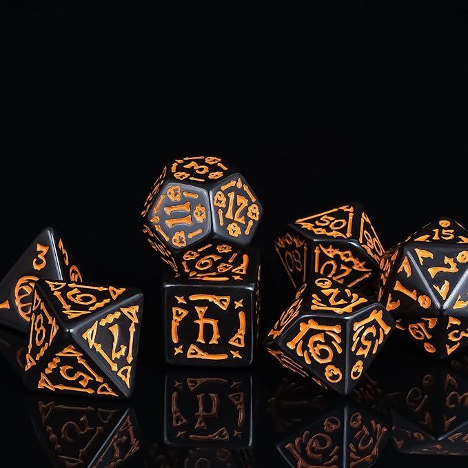 7-Die DND Dice Set Halloween Pattern Polyhedral Dice Set with Leather Bag, Skull Dice D&D Dice Set for RPG Table Games (Halloween Pattern-Black)