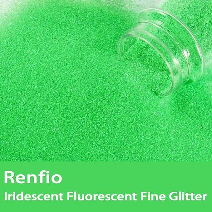 Renfio Iridescent Ultra Fine Glitter Powder Resin Supplies Glitters 1.94 Oz (55g) PET Flake Crafts Sequins 1/128" 0.008" 0.2mm Epoxy Chips Flakes for Tumblers Slime Painting - Fluorescent Green