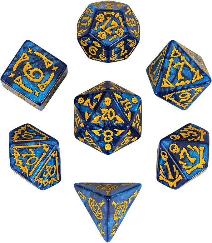 7-Die DND Dice Set Halloween Pattern Polyhedral Dice Set with Leather Bag, Skull Dice D&D Dice Set for RPG Table Games (Halloween Pattern-Blue)