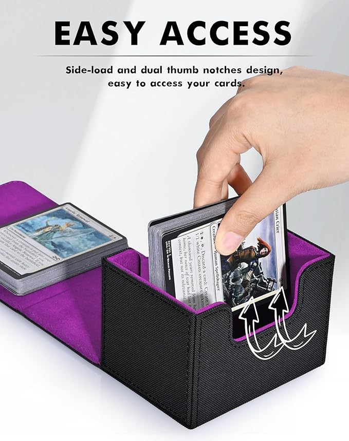 ZLCA Card Deck Box for Trading Cards, MTG Commander Deck Box Holds 120+ Single Sleeved, Leather Magnetic Card Storage Case Fits for TCG CCG Magic (Black& Purple)