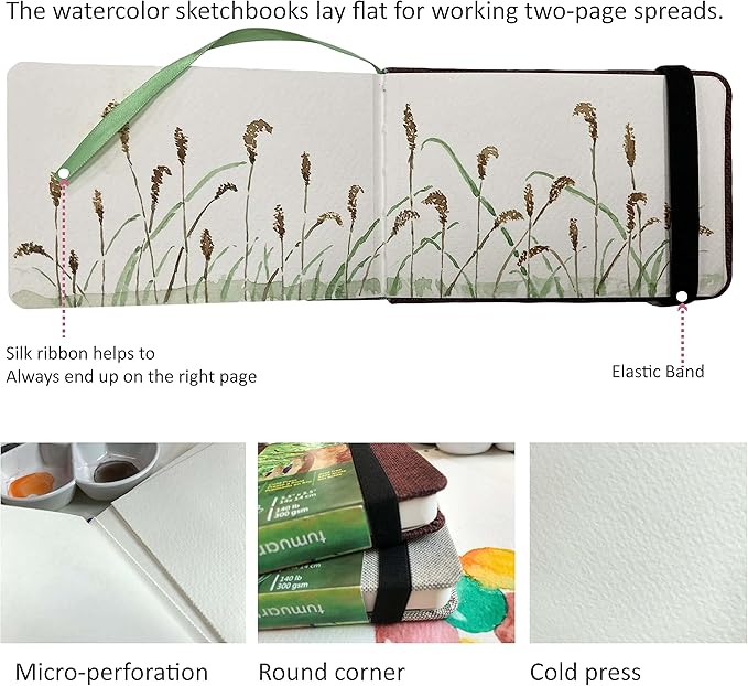 tumuarta Watercolor Journal,140 LB, 300 GSM, 8.25x5.5, Cotton Paper, Cold Press, 24 Sheets, 48 Pages, Watercolor Paper Sketchbooks for Use As Travel Notebook and Mixed Media Pad