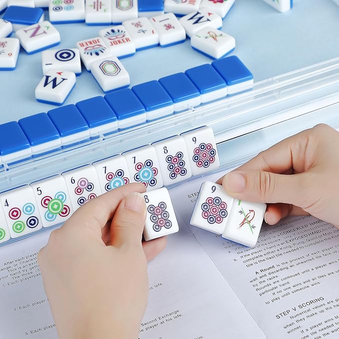 American Mahjong Tile Set,166 Tiles White Blue Acrylic Carving Tiles,Mahjong Game Set with Portable Travel case(Racks Not Included)