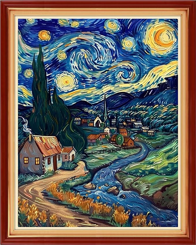Magxvouy Cross Stitch Kits Stamped Full Range of Embroidery Kits,Cross Stitch Patterns Needlework Kits for Beginners 11CT Printed Kits&Starry Night 16x20 inch