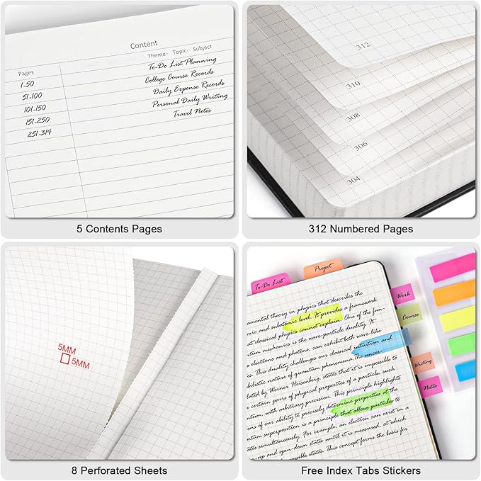 5 Pack Graph Paper Notebook, 312 Numbered Pages Graph Notebook Bulk, 100gsm No Bleed Grid Paper Notebooks for Work, Hardcover Leather Journal, Squared Grid Notebook for Graphing Notes Math, Multicolor