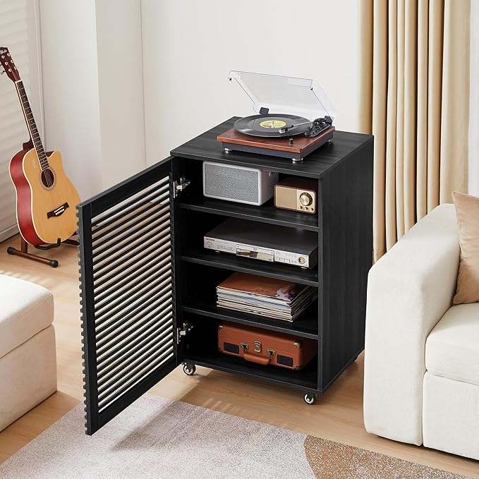 LEVNARY 5-Tier AV Media Cabinet with Grille Door & Adjustable Shelves, Modern Wooden Stereo Rack with Cable Management & Wheels, Audio Video Stand for Living Gaming Room Recording Studio (Black)