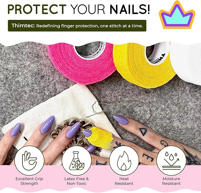 THIMTEC - The Original Thimble Tape for Hand Sewing - Fully Adjustable Nail & Finger Protector - A Smarter Alternative to Classic Knitting Thimbles - Neon Flamingo, 3-Pack