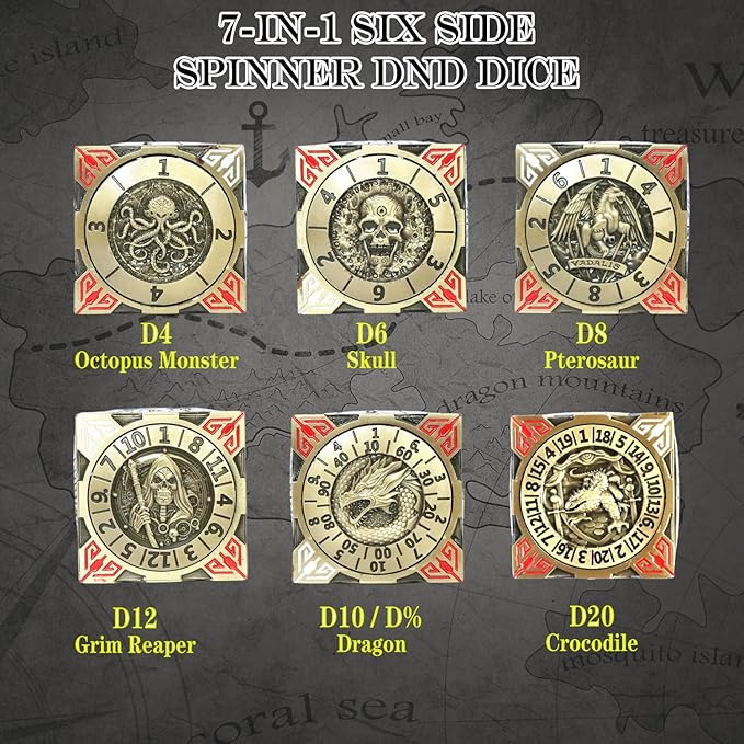 6 Sided Spinner DND Dice - Metal D4 D6 D8 D10 D10% D12 D20 All in One D&D Set - Cool Role Playing Gifts for Dungeons and Dragons TRPG MTG Games Lover Players Upgrade Ancient Bronze