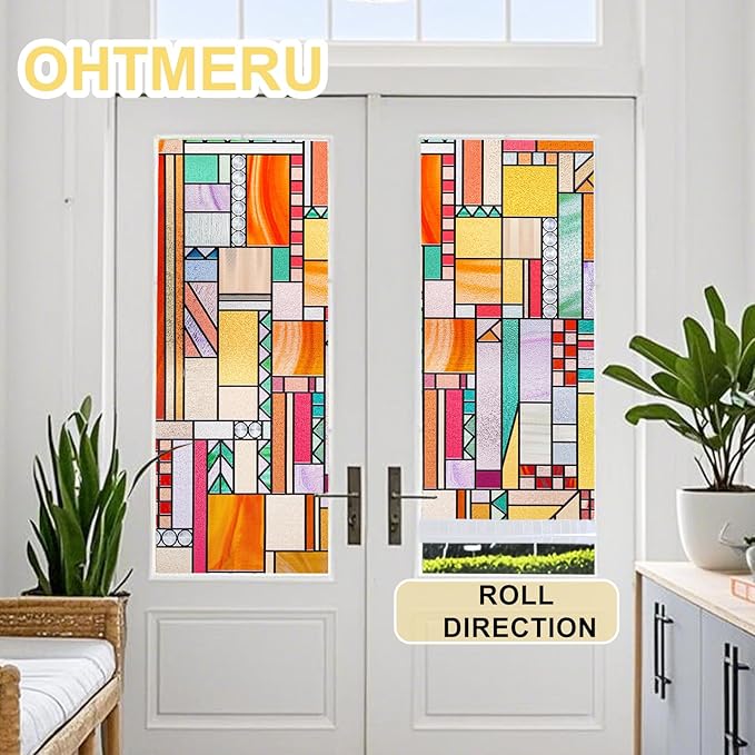3D Stained Glass Window Privacy Film, Heat Control UV Blocking Static Cling Decorative Window Film for Bathroom,Front Door,Home Non Adhesive,35.4 x 78.7 inches Autumn Reverie