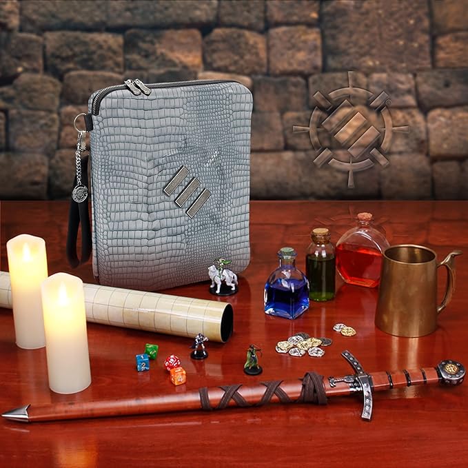 ENHANCE RPG Organizer Case - DnD Binder with Built-in Character Sheet Holder and Erasable Scribe Panel, Dice Rolling Area, Removable Pen Pouch, Miniature Foam Tray, Wrist Strap
