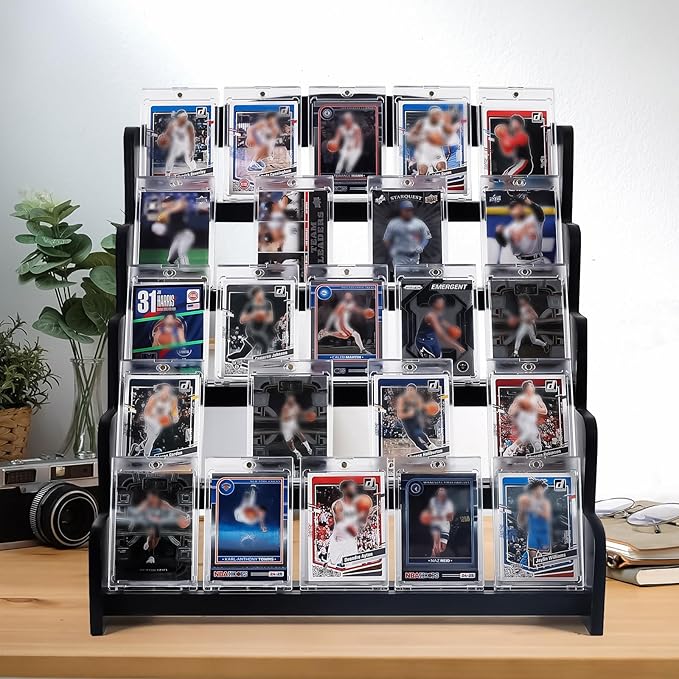 5-Tier Bamboo Trading Card Display Case, 35 pt Baseball Card Collection Stand, Sports Card Storage Holder,Card Game Collection (Black)
