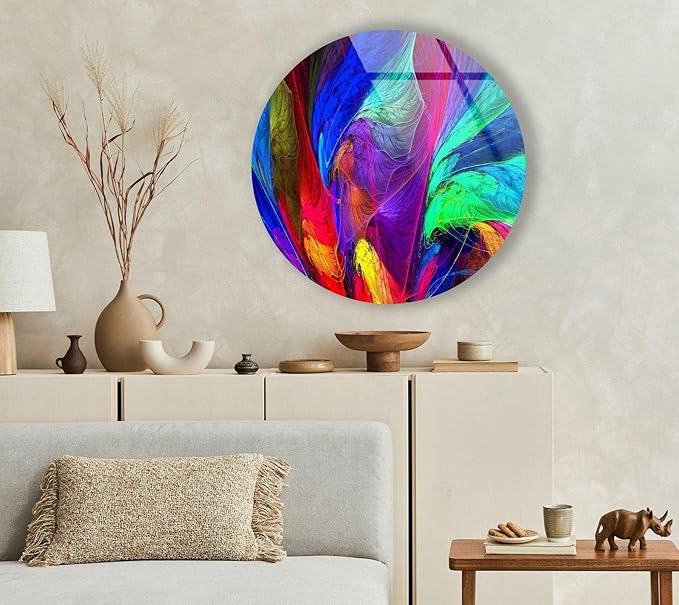 My Photostation.com 31.5''(80cm) Diameter Neon Colors Abstract Round Glass Wall Art Tempered Glass Printing Wall Decor Large Wall Art Wall Hangings