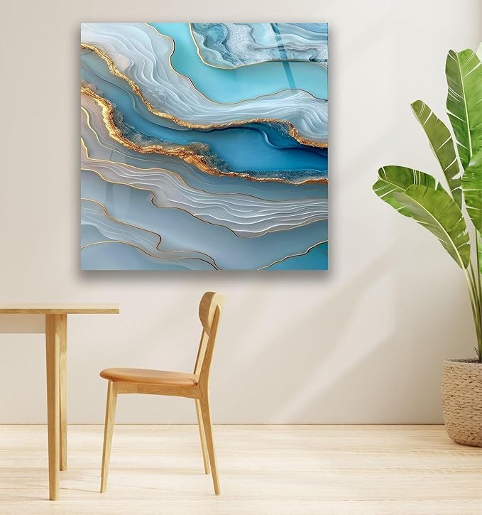 My Photostation.com 40WX60H'' Turquoise and Blue Alcohol ink Glass Wall Art Tempered Glass Printing Wall Decor Large Wall Art Wall Hangings