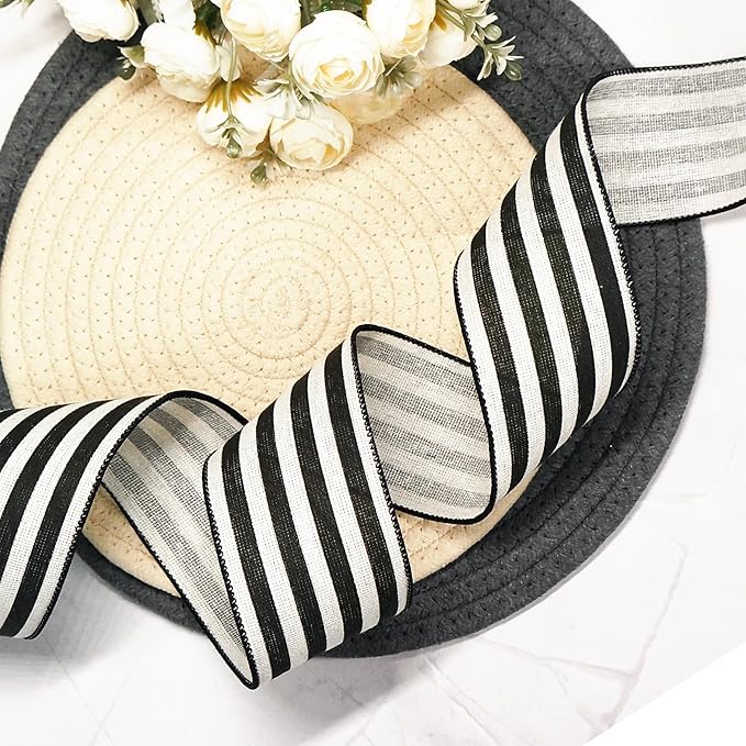 CT CRAFT LLC Striped Canvas Cotton Ribbon 2.5" x 10 Yards Ivory/Black Stripes for Thanksgiving Christmas Home Décor Gift Wrapping Outdoor Tree Topper Bow Wreath