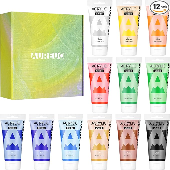 AUREUO Studio Acrylic Paint Set -12 Primary Colors 75ml / 2.5 Fl Oz Tubes - Non-toxic Craft Paints with Gift Box for Canvas, Wood, Rock Stone, Glass, Art Supplies