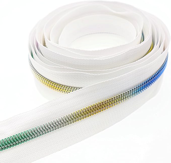 Leekayer #5 Rainbow Teeh Metallic Nylon Coil Zippers by The Yard Bulk 10 Yards White Zipper Tape with 25pcs Silver Ring Pull Sliders for DIY Sewing Tailor Craft Bag(White)