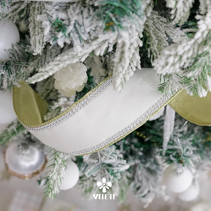MEEDEE Gold & White Velvet with Rhinstone Edge Wired Ribbon 2.5 Inch Luxury Jeweled Ribbon 5 Yards Sparkling Rhinestone Trim for Christmas Tree, Garland, Wreaths, Holiday Home Decor, Wedding Decor