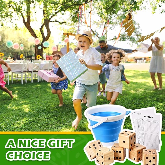 ropoda 3.5" Giant Wooden Yard Dice Set for Outdoor Fun, Barbeque, Party Events, Backyard Games, Lawn Games Includes 6 Dice, Collapsible Bucket, Score Cards & Dry Erase Marker