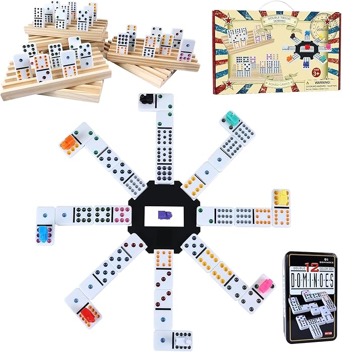 Double 12 Mexican Train Dominoes Set for Adults with 8PCS Wooden Holders, 9 Train Markers, 91 Color Dot Tile Dominos in Tin Box & Hub - Classic Family Board Game Set Party Toy Gift for Kids