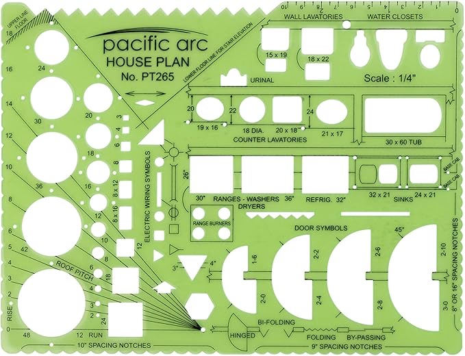 Pacific Arc House Plans Templates Guide, with Stairs, Doors, Plumbing, Kitchen Appliances, and Roof Pitch Gauge, Scale of 1/4 Inch to 1 Foot