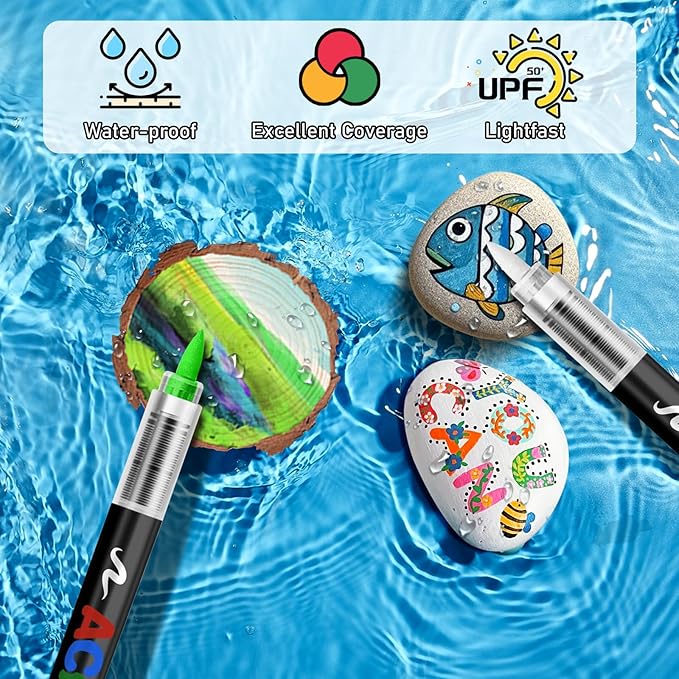 GOTIDEAL Acrylic Paint Markers Brush Tip,Waterproof Paint Pens acrylic Markers,No Bleed Acrylic Brush markers for Fabric,Wood,Rocks,Canvas Painting,Glass,Ceramic,Art Craft Supplies(24 Colors)