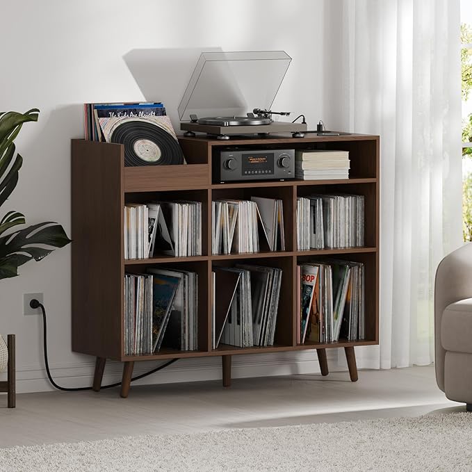 Cozy Castle Large Record Player Stand, Vinyl Storage Cabinet Mid Century Modern Turntable Stand Media Console Table Open Shelf Cube CD Album Holder Organizer for Living Room, Office, Brown