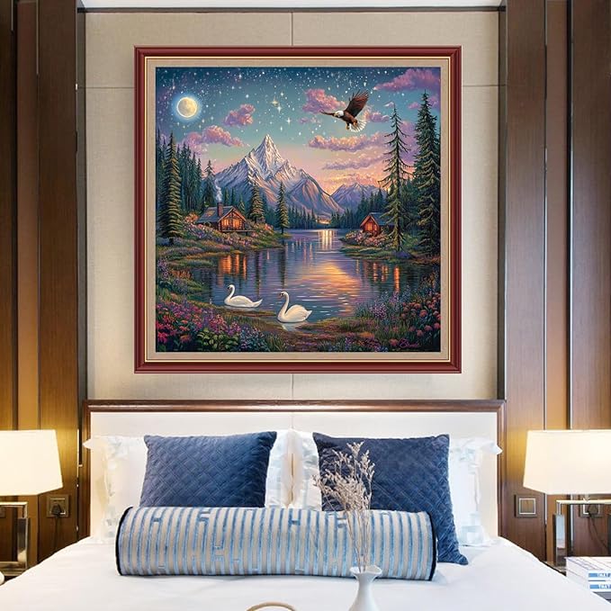 DMCXART Counted Cross Stitch Kits for Adults Needlepoint Kits Unprinted Cross Stitching Embroidery Kit 11CT Cross Stitch Supplies-Sunset Scenery 18x18 inch
