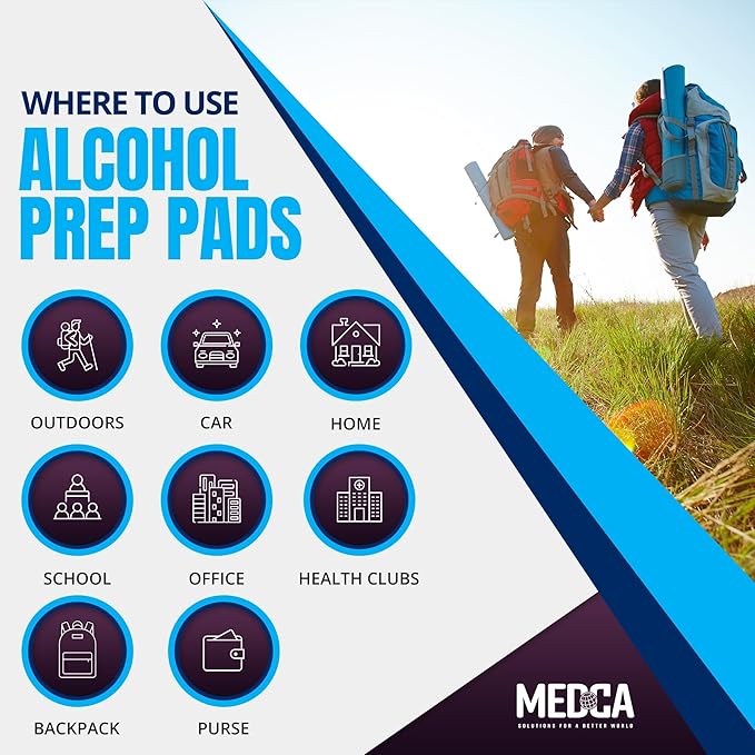 MEDca Alcohol Prep Pads - 1000 Count, 70% Isopropyl Alcohol, Unscented, 2-Ply Cotton, Individually Wrapped, Latex-Free, Ideal for Minor Cuts, Scrapes, and Electronics
