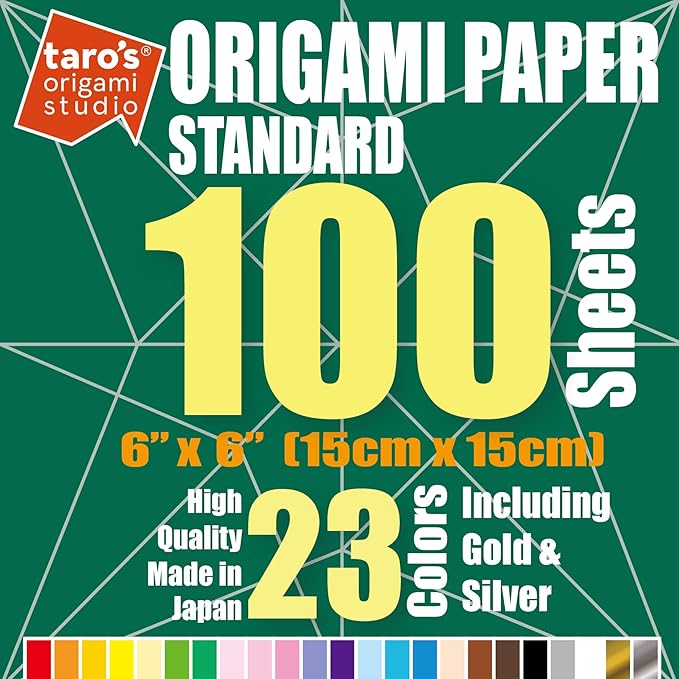 [Taro's Origami Studio] Standard 6 Inch One Sided 23 Colors 100 Sheets Square Easy Fold Premium Japanese Paper for Beginner (Gold and Silver Included)