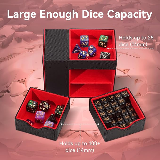 Dice Tray & Dice Tower Storage Box, 3 in 1 Dice Holder Case (Dice Rolling Tray, Dice Rolling Tower, Dice Storage Drawers), Leather Magnetic Closure DND Accessories Gifts for RPG MTG, Black/Red