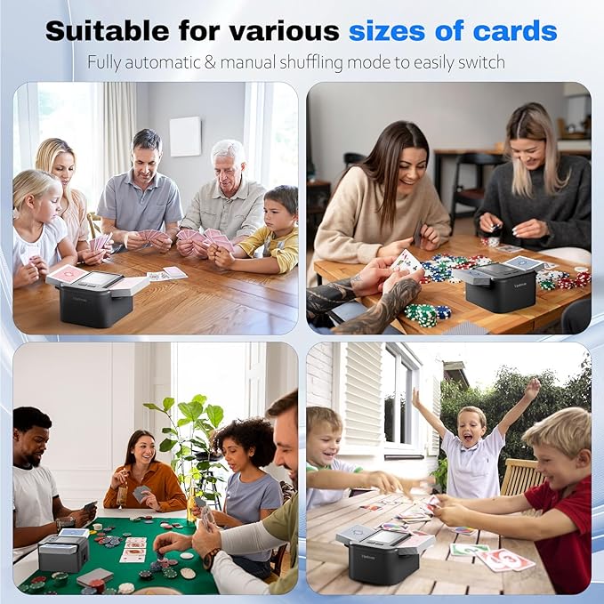 Automatic Card Shuffler for 1-2 Decks, Dual Mode Card Shuffler with USB-C Rechargeable Battery, Card Shuffler & Dealer for UNO, Skip-Bo, Poker, Blackjack, Texas Hold’em, Party & Travel