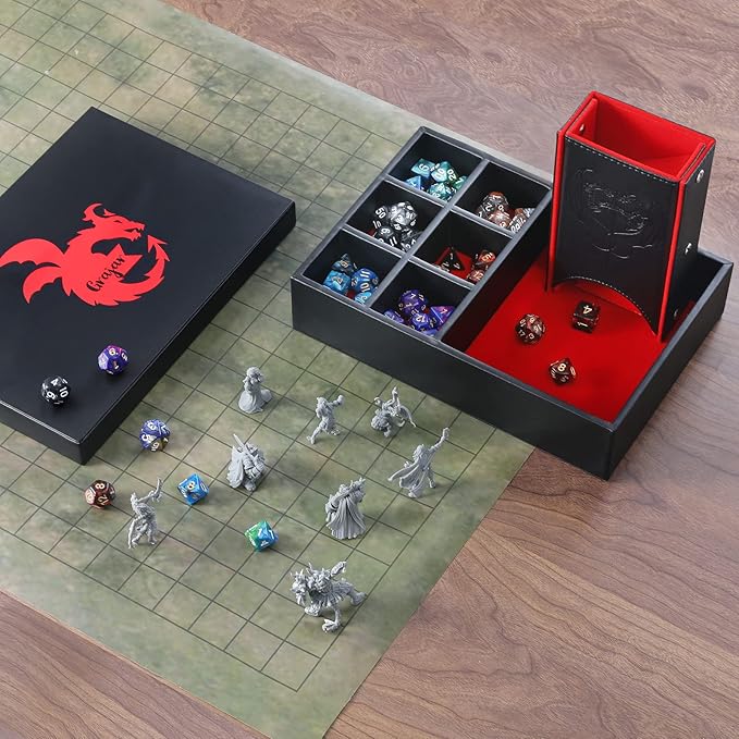 DND Dice Tray and Tower: Portable Dice Storage with Lid for Dungeons and Dragons, D&D, RPG, MTG & Table Games (Red)