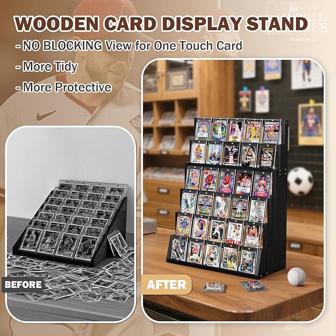 Emfogo Card Display Stand, 6-Tier Trading Card Display, Wood Detachable Graded Card Display with Top Storage, High Capacity Trading Card Display Stand for Collection & Show (Black)