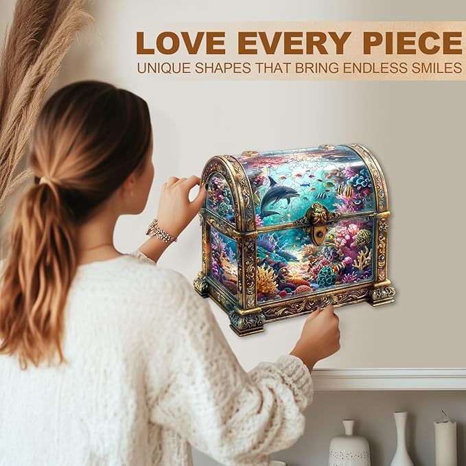 Wooden Puzzles for Adults, Treasure Chest Ocean Wooden Jigsaw Puzzle Unique Shape Animal Wood Puzzles Adult 3D Visual Effect, Birthday Gifts for Puzzle Lovers Family Games (S-8.5 * 8.1in-100pcs)