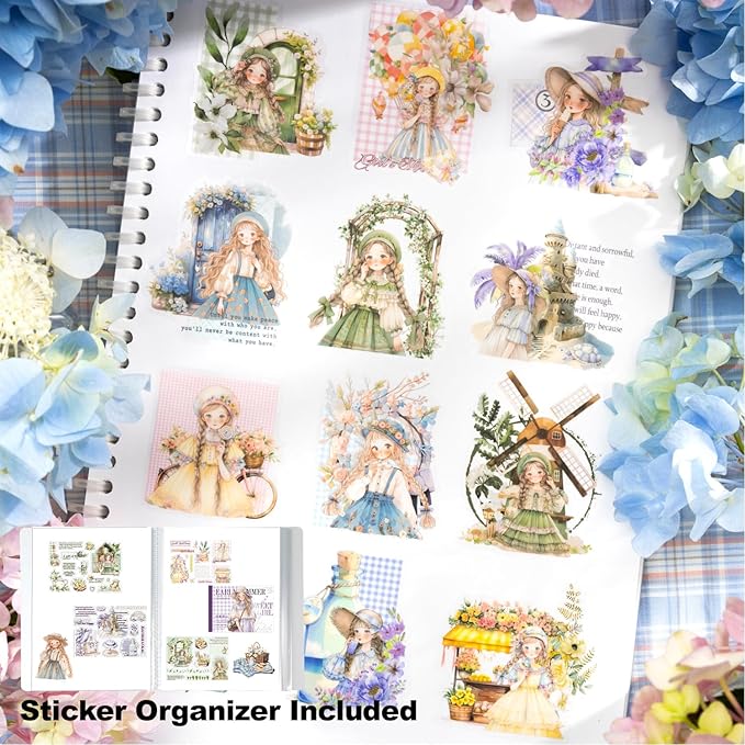 4Pcs Girl Pre-Cut Sticker Books, PET and Washi Designs for Scrapbooking, Journaling Supplies, Junk Journal Ephemera, Includes Organizer