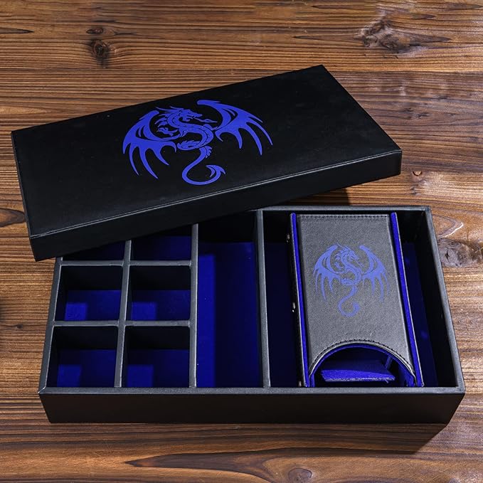 D&D Dice Storage Box 4 in 1 Portable Dice Case, RPG DND Rolling Tray Leather Box for Role Playing Games and Other Tabletop Game