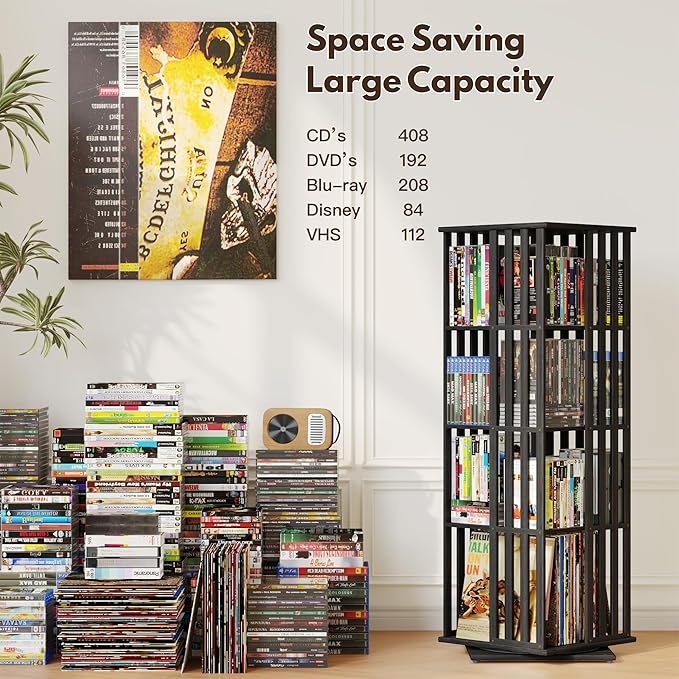 XIMN 360° Rotating Bamboo CD/DVD Shelf - 6-Tier Space-Saving Media Storage Cabinet for Movies, Organizer with Super Compact Design (Black, 4 Tier)