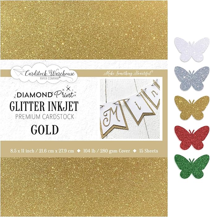 Cardstock Warehouse Diamond Print Inkjet Glitter - Premium Gold Glitter Cardstock Paper – 15 Sheets, 8.5 x 11" - 104 lb/280 GSM for Inkjet Printing, Die-Cutting, Card Making, Crafts, and DIY Projects