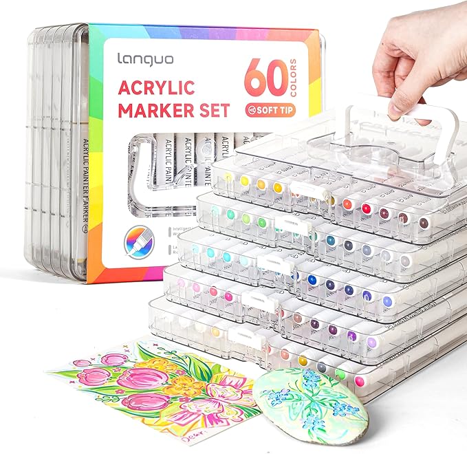 60 Colors Acrylic Paint Markers Pens Set, Soft Brush Tip Markers with Fast Drying & No-Bleed Ink, Acrylic Paint Pens for Rock, Wood, Egg, Ceramic, Fabric Painting, Art Supplies and DIY Crafts
